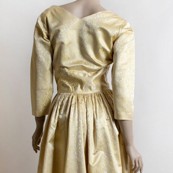 Vintage 1950s Gold Satin Squiggle Rose Cocktail Party Dress Holiday Golden 50s S - Picture 5 of 10